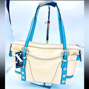 MAXX NEW YORK STUNNING NWT SILVER STUDDED STRIKING BLUE LEATHER & CANVAS PURSE